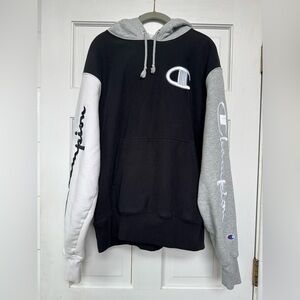 Champion Men's Reverse Weave Colorblock Black, Gray and White Hoodie.